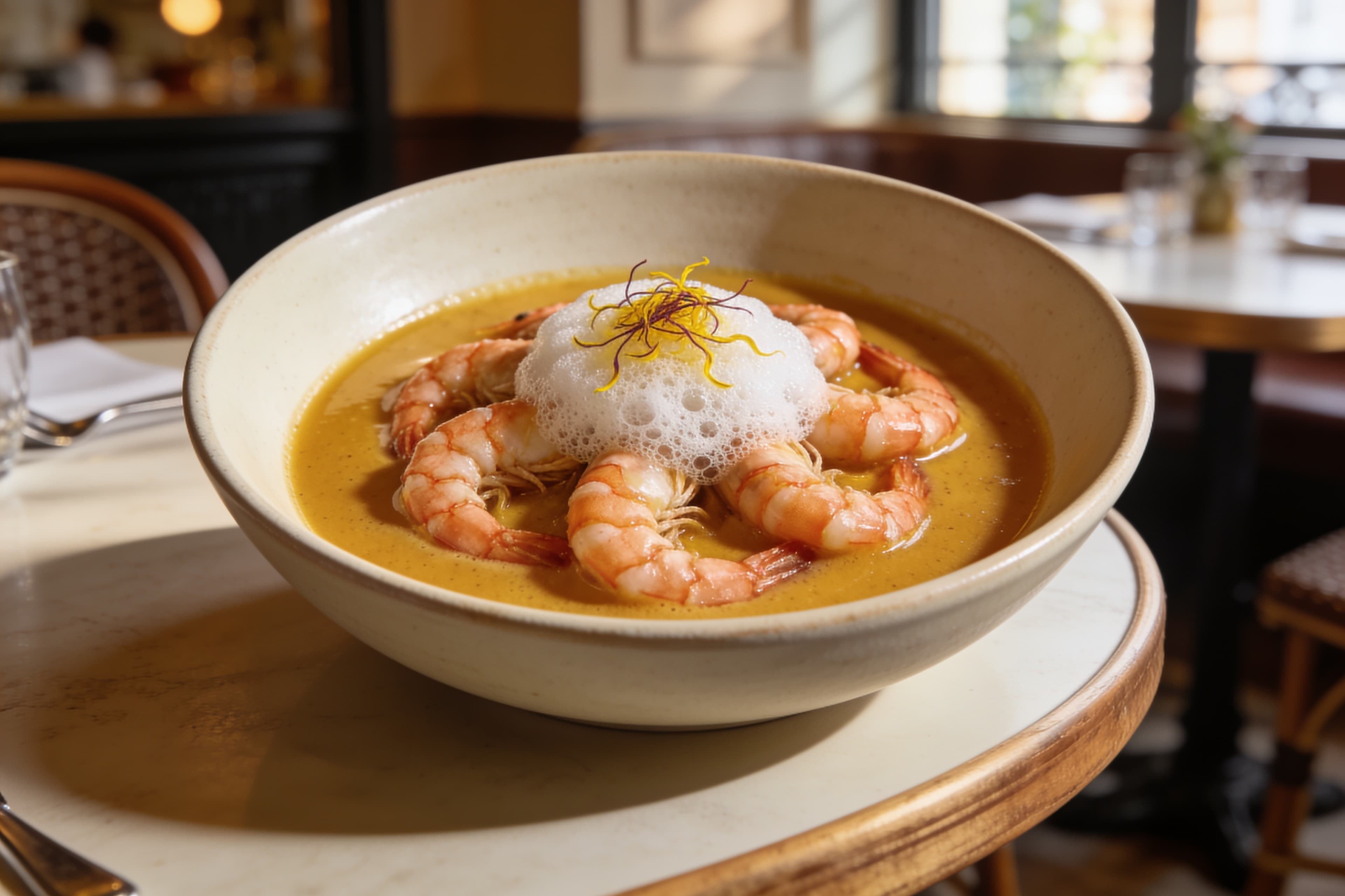 Crevettes Festives à la Bisque Dorée et Écume de Safran