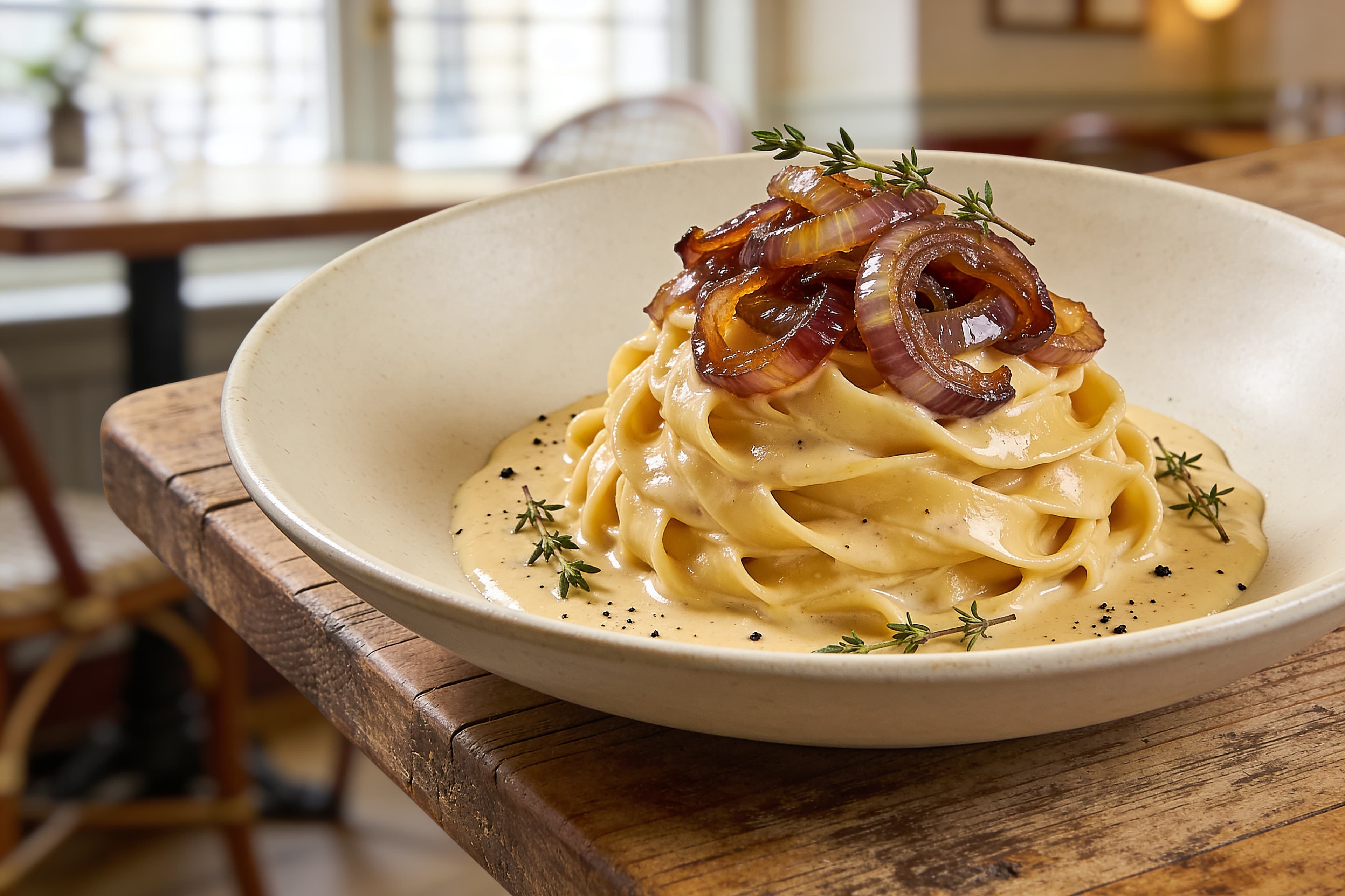 Pâtes crémeuses au Comté et oignons caramélisés