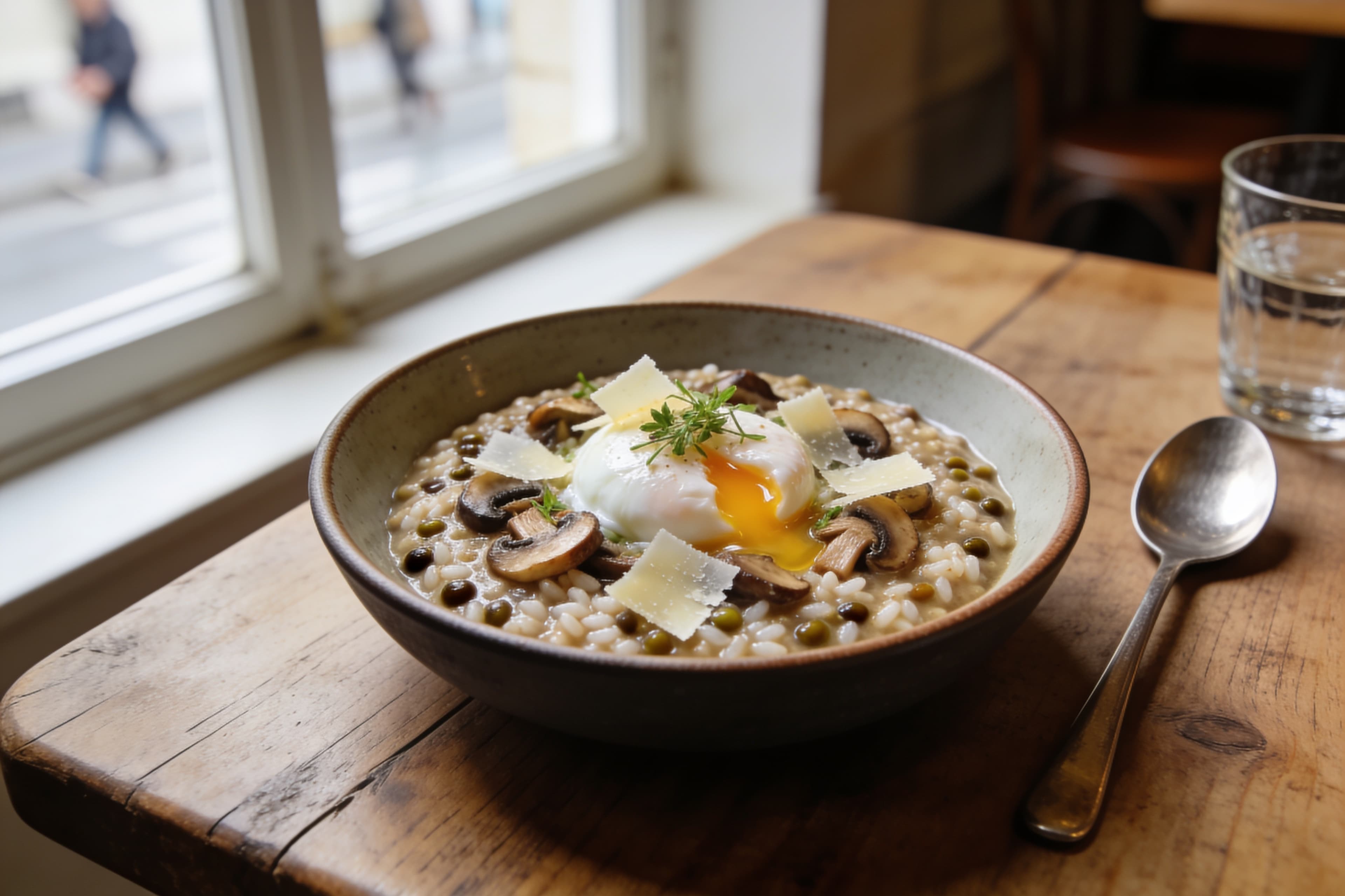 Velours de Lentilles et Riz aux Champignons - Oeufs Pochés et Fromages Affinés
