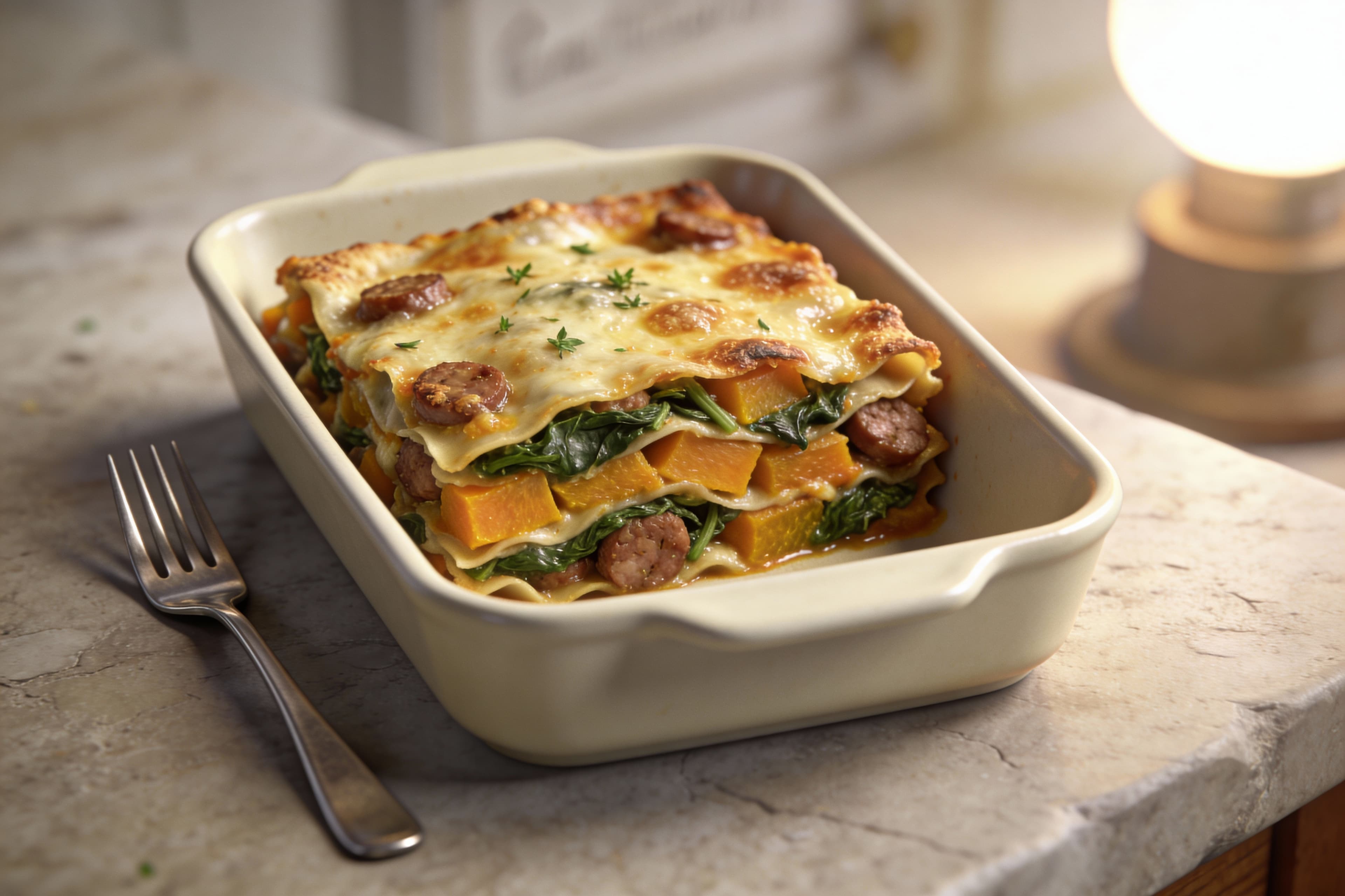 Lasagne Butternut, Épinard et Saucisse