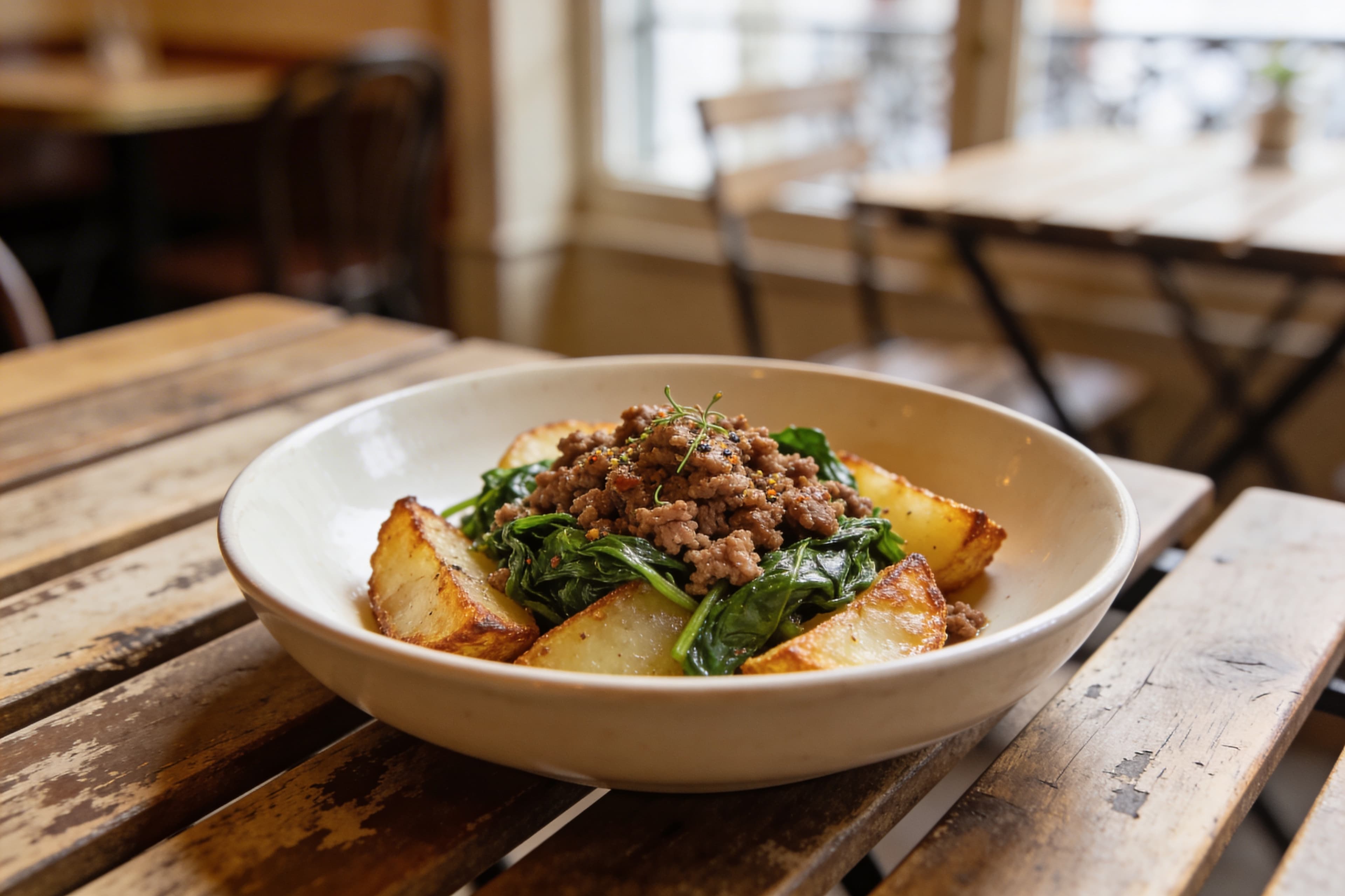 Poêlée de Pommes de Terre, Épinards et Viande Hachée