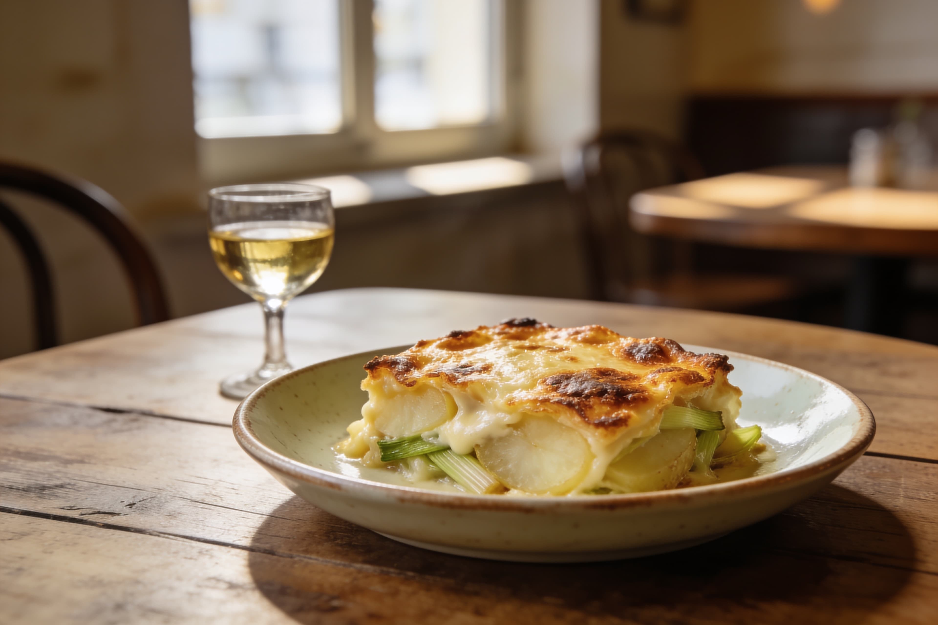 Gratin de pommes de terre et poireaux crémeux