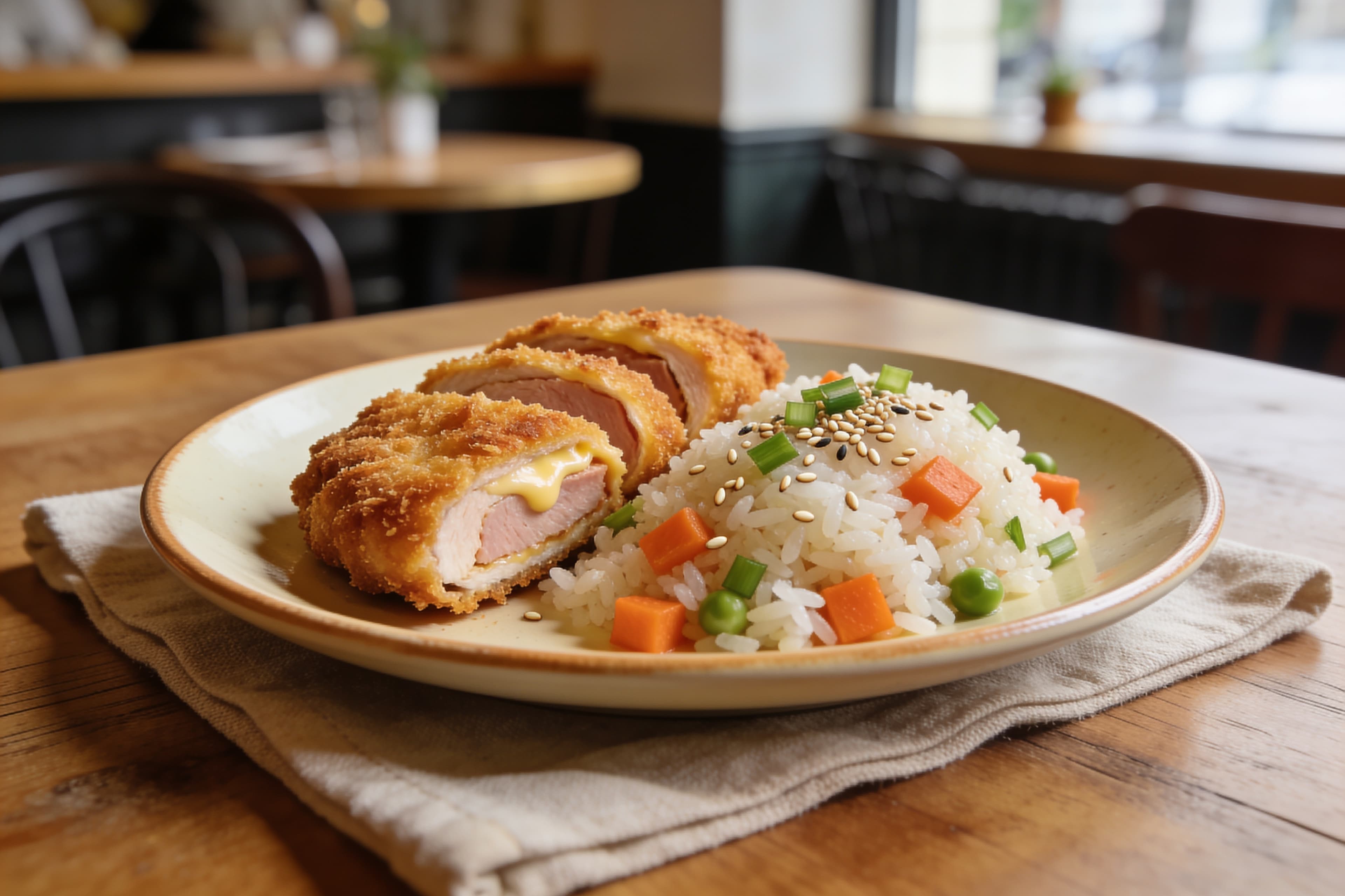 Riz sauté aux légumes et cordon bleu croustillant