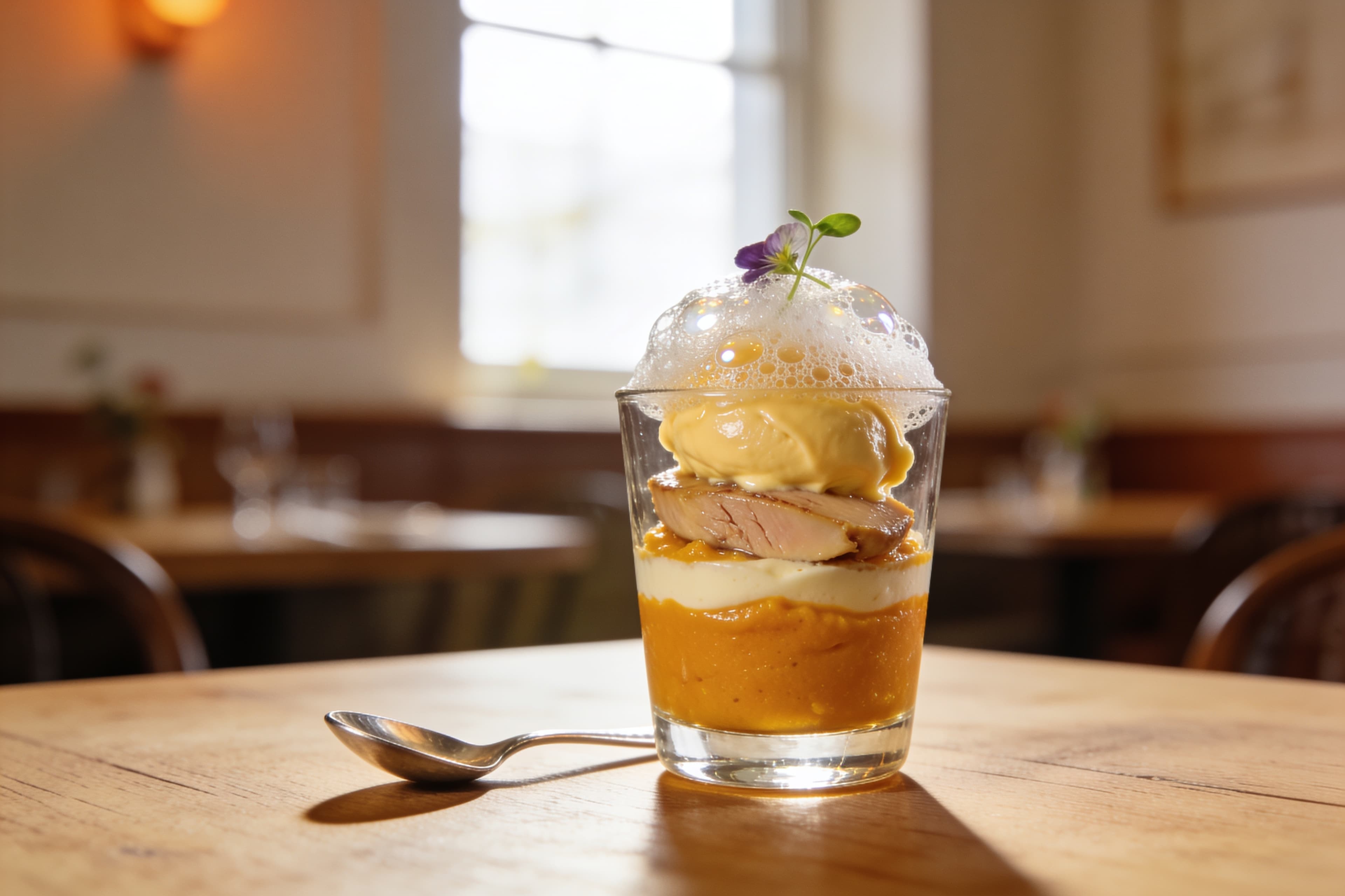 Verrine Butternut et Foie Gras, Émulsion de Champagne