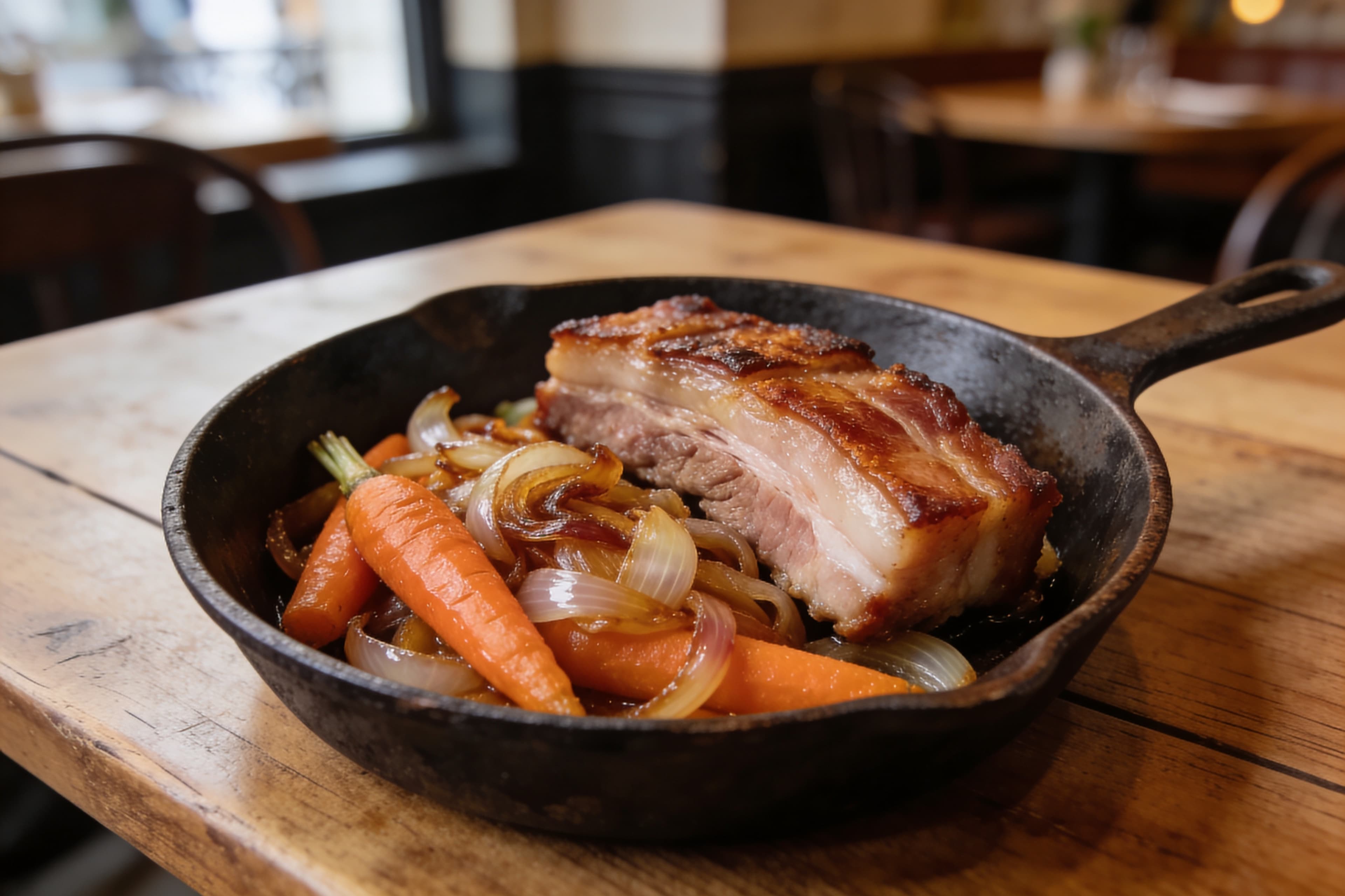 Poêlée Rustique aux Carottes, Oignons et Poitrine de Porc Fumée