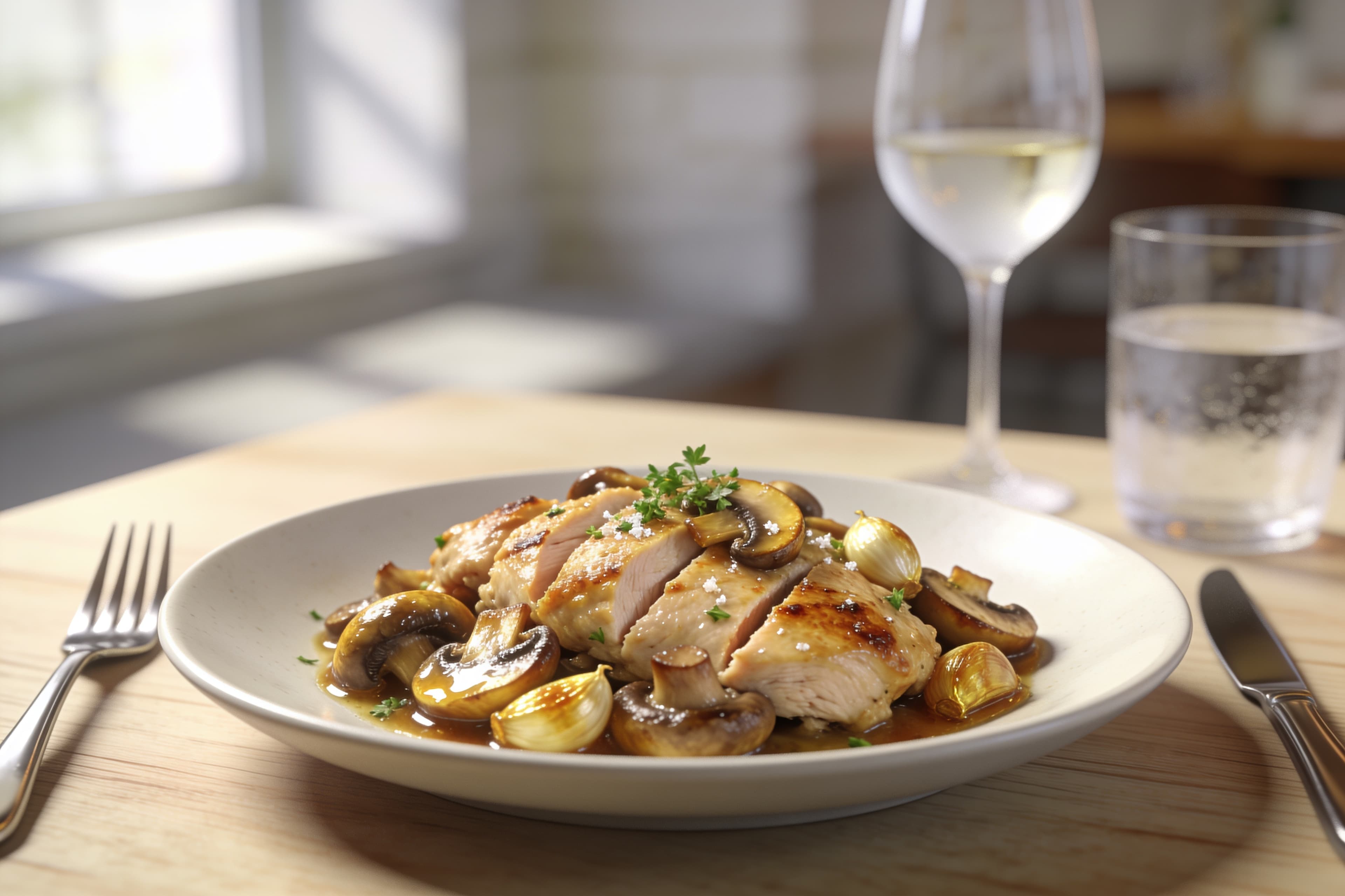 Sauté de poulet aux champignons et ail