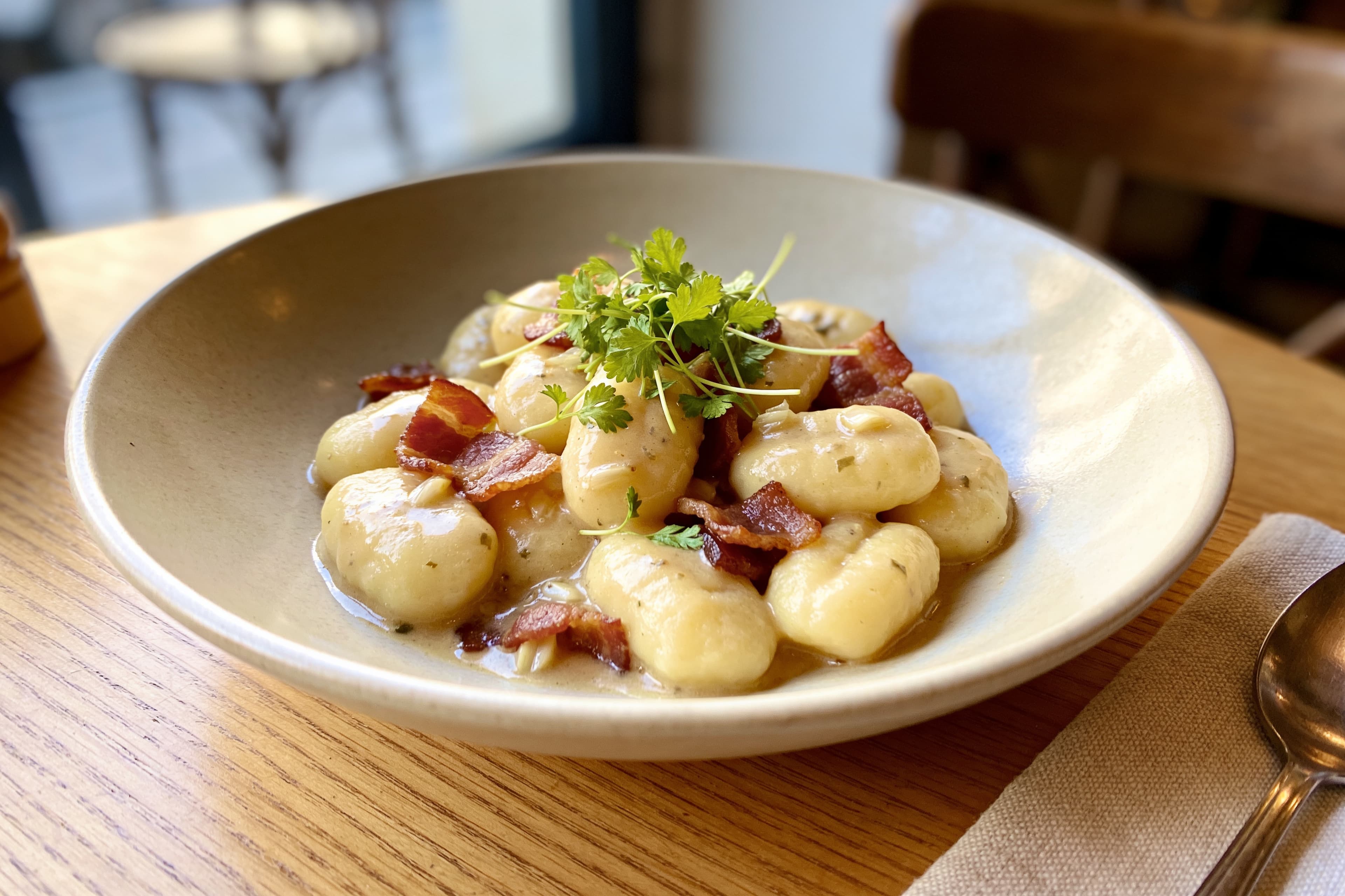Gnocchi au bacon et sauce à l'ail parfumée