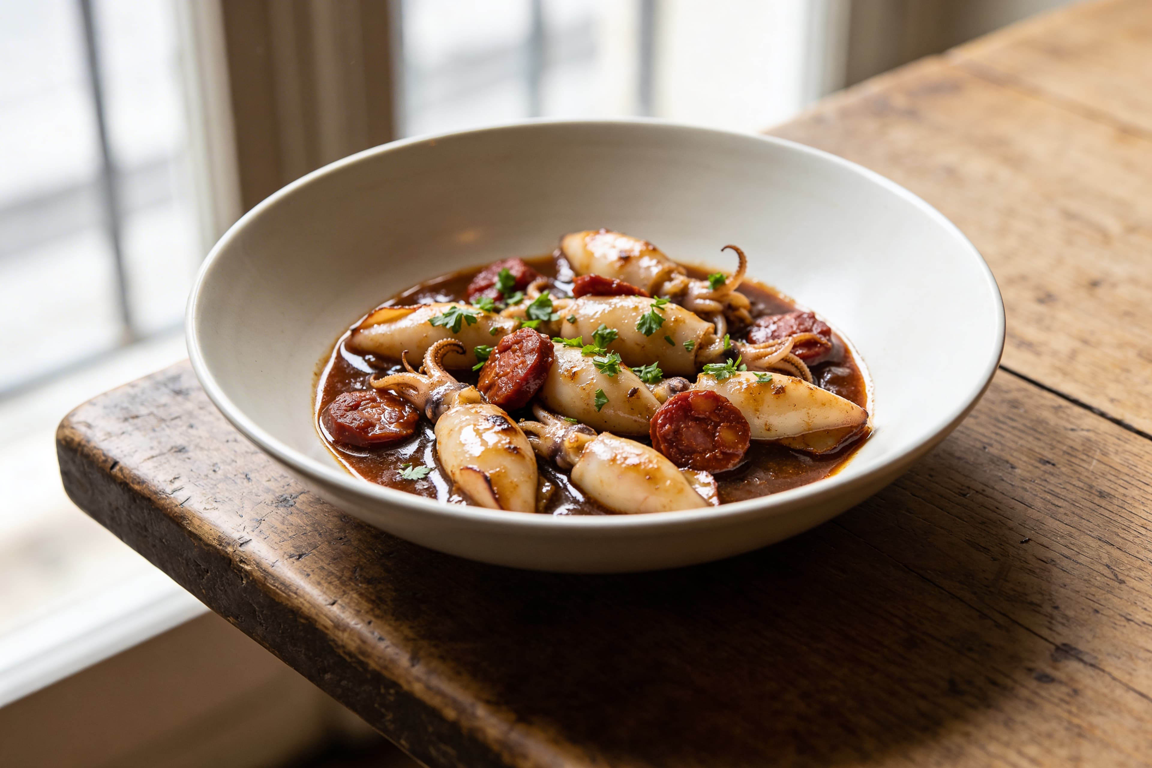 Chipirón au Chorizo - Encornets Rôtis en Meurette de Chorizo