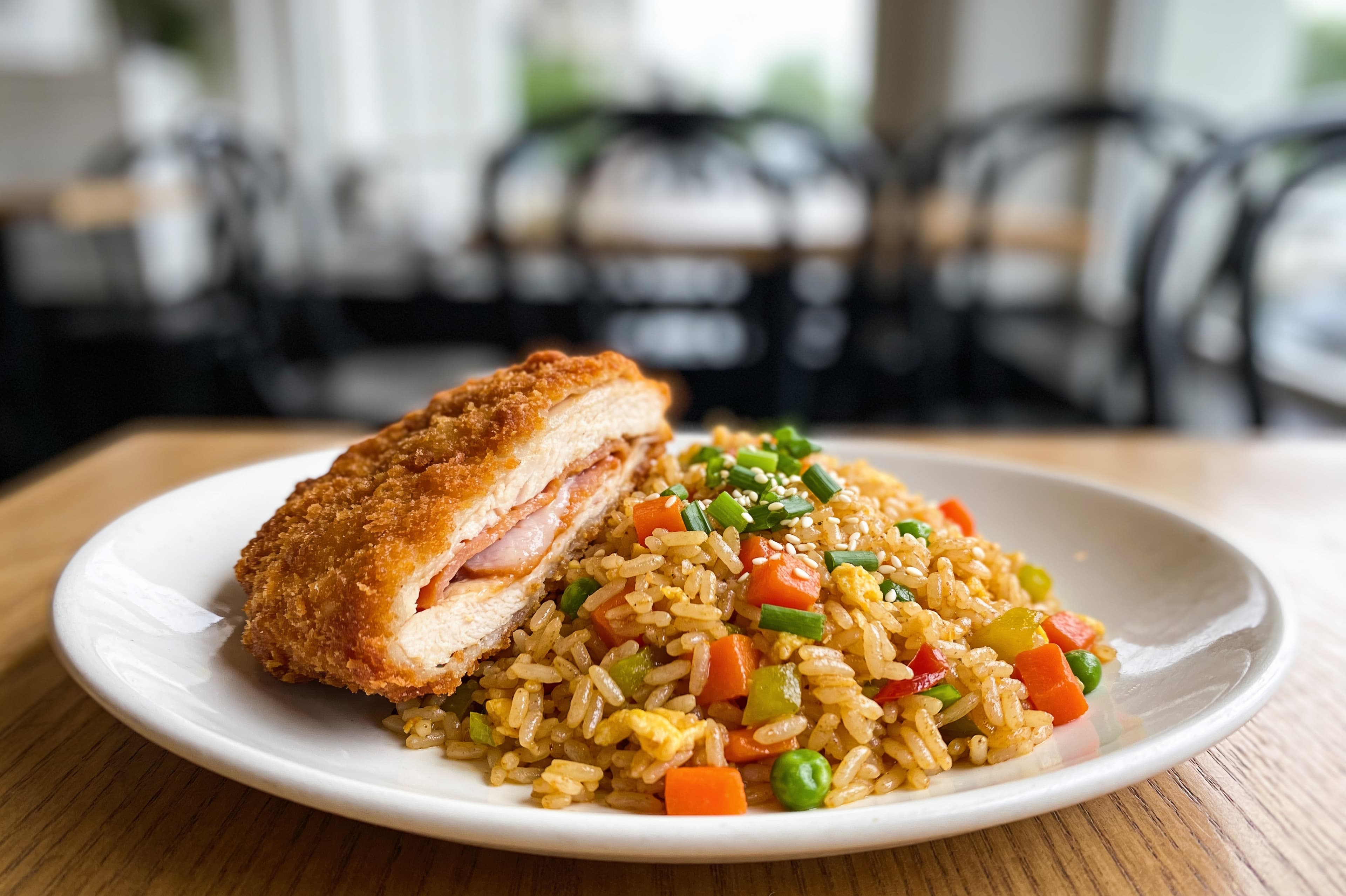 Riz sauté aux légumes et cordon bleu croustillant