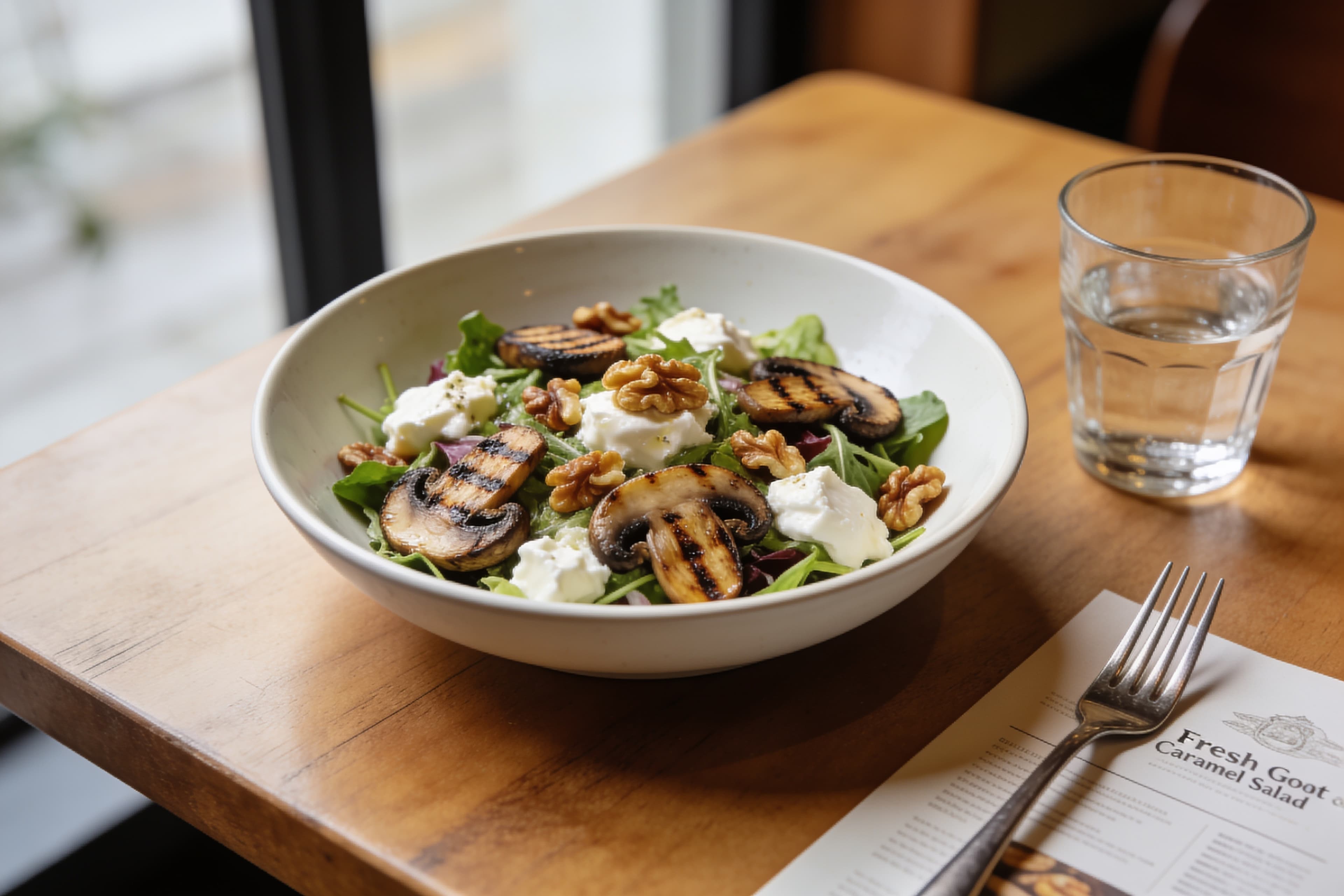 Salade de Champignons Grillés, Chèvre Frais et Noix Caramélisées