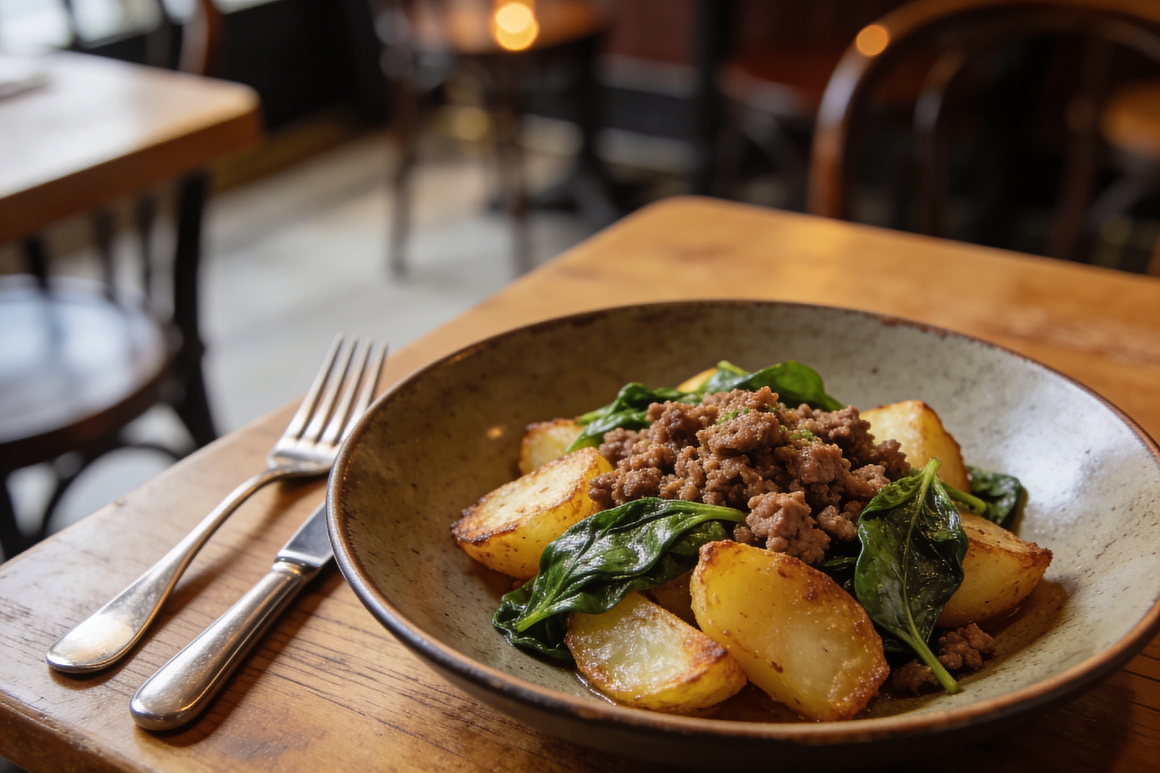 Poêlée de Pommes de Terre, Épinards et Viande Hachée