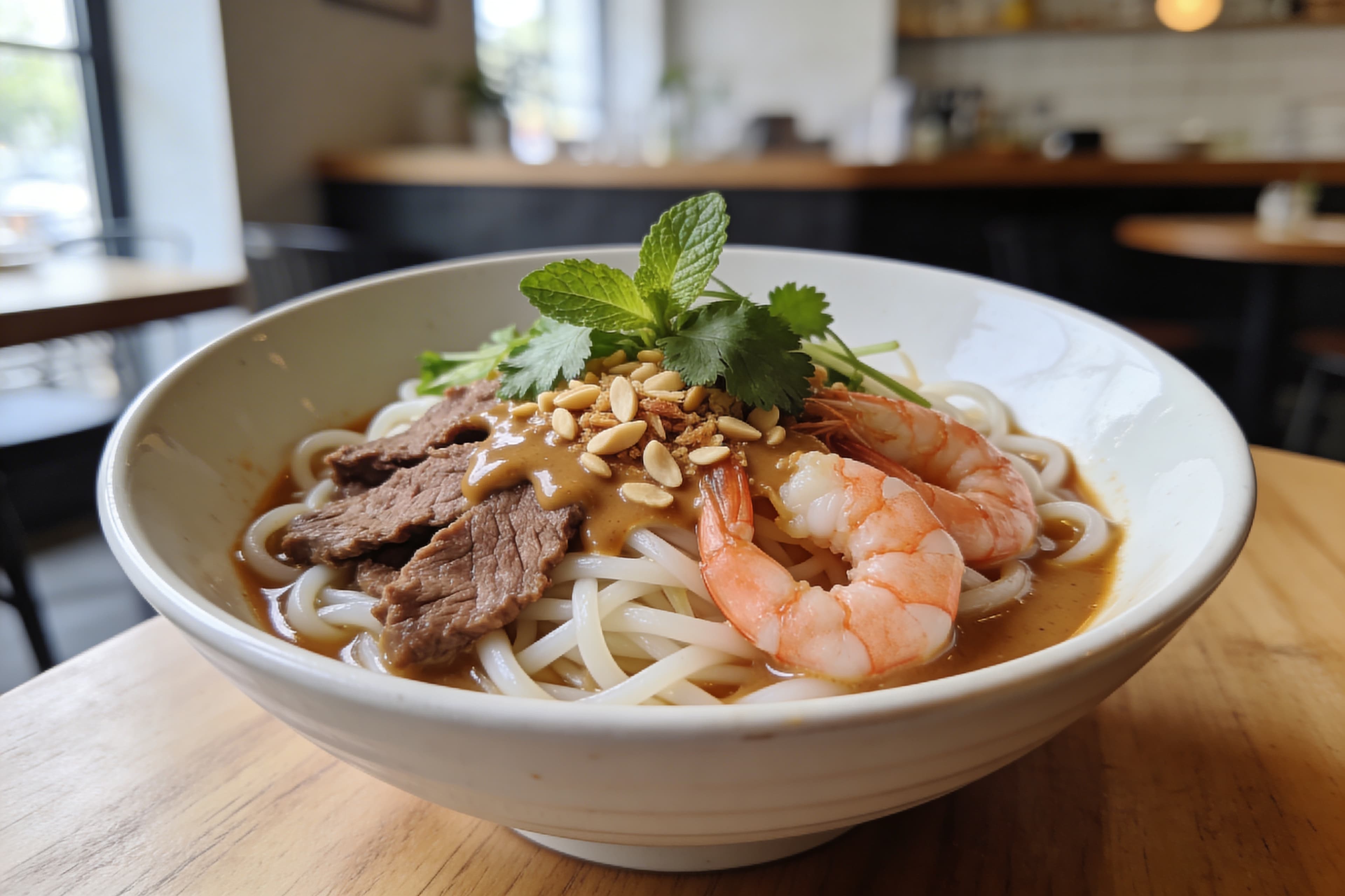 Bun Bo Nam Bo Bo - Nouilles de riz, boeuf et crevettes à la sauce d'arachide