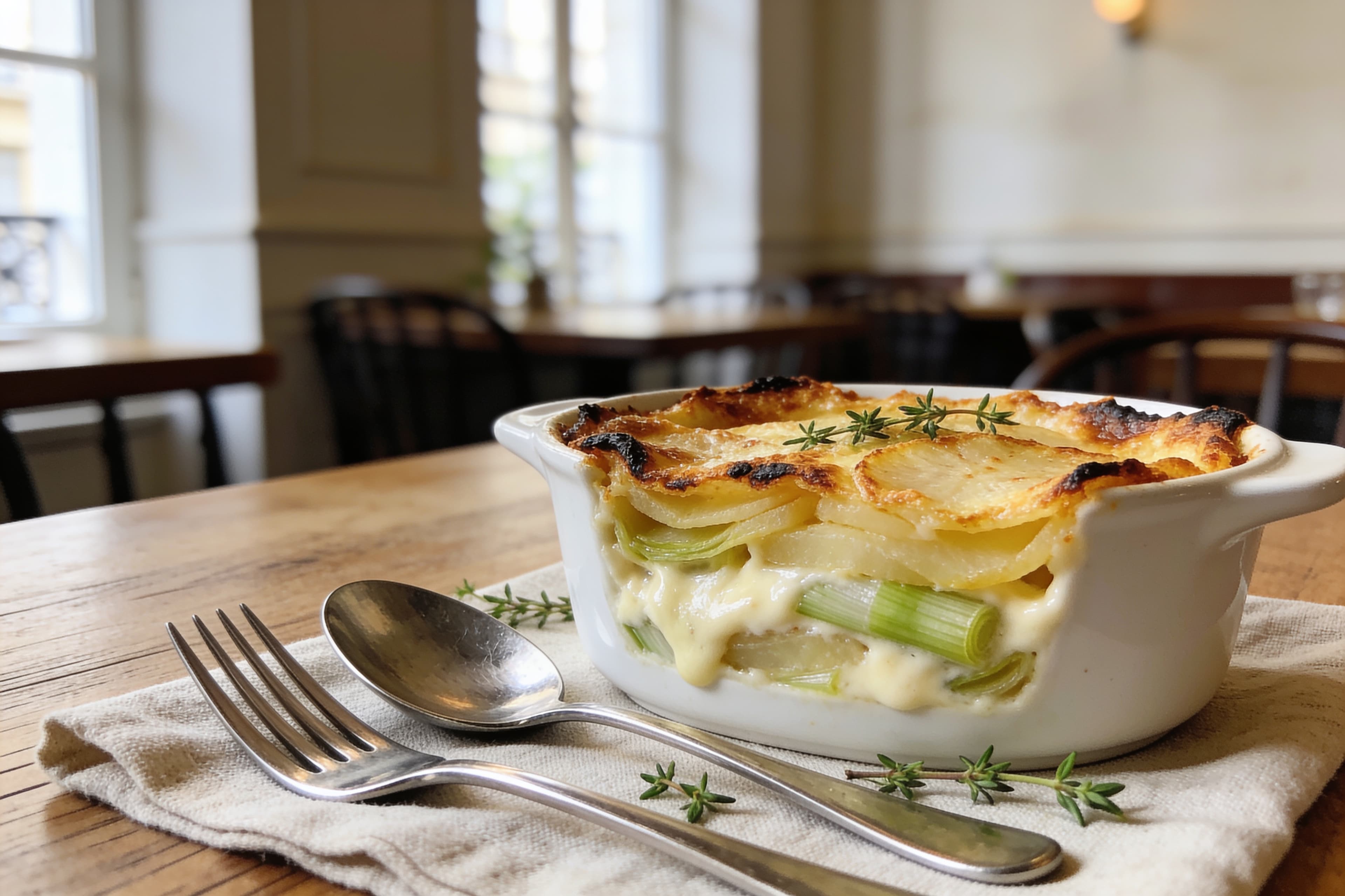 Gratin de pommes de terre et poireaux crémeux